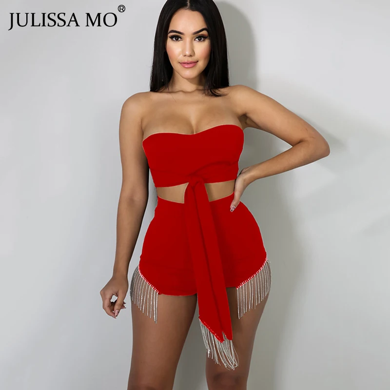 

JULISSA MO Two Piece Set Crystal Tracksuit Women Strapless Bandage Top+High Waist Shorts Female Streetwear Matching Sets Outfits
