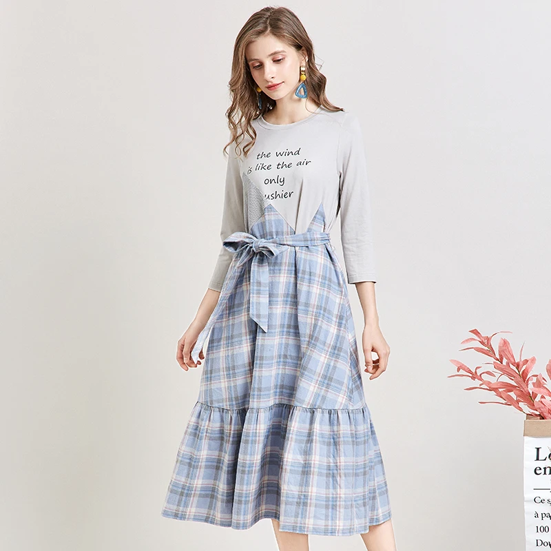 ARTKA Autumn New Women Dresses Irregular Plaid Stitching Dress With Belt Ruffled Casual Letter Print Dress Women LA15394Q