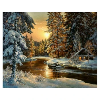 

Diamond Painting Cross Stitch Winter Sunset Landscape Round Rhinestone Picture Diamond Embroidery Snow Tree Icon