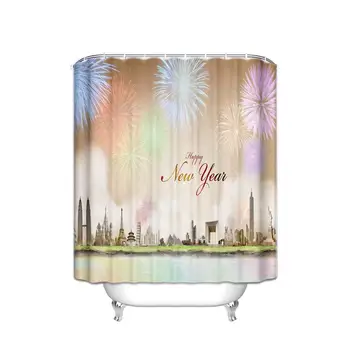 

Blue Happy New Year Fireworks Shower Curtain Polyester Fabric Waterproof Machine Washable with 12 HooksInch