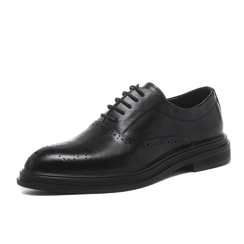 Men Perforated Patterns Brogue Oxford Shoes Solid Color Soft Leather Lace-ups Derby Black Wide Width Size 6~10