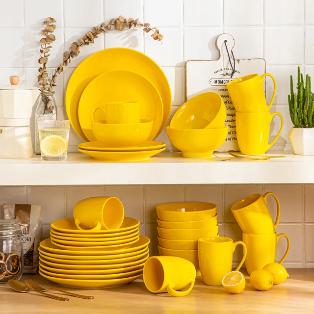 Lovecasa Ds 16/32/48 Darabos Sárga Kerámia Porcelán Étkészlet Asztali Vacsora Vacsora, Desszert Tányér, Tál, Bögre Szett - Image 6