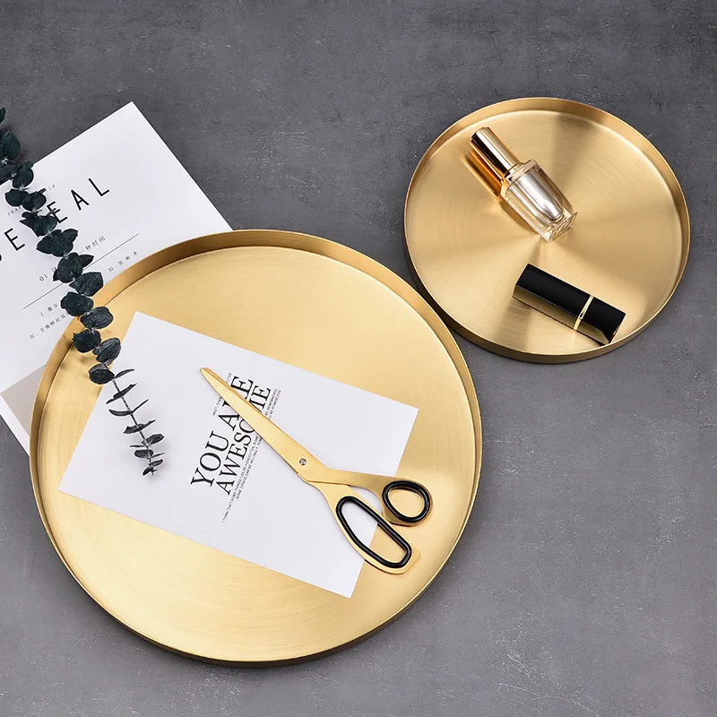 

Light Luxury Gold round Tray Northern Europe Stainless Steel round Straight Edge Jewelry Cosmetics Storage Tray Afternoon Tea de