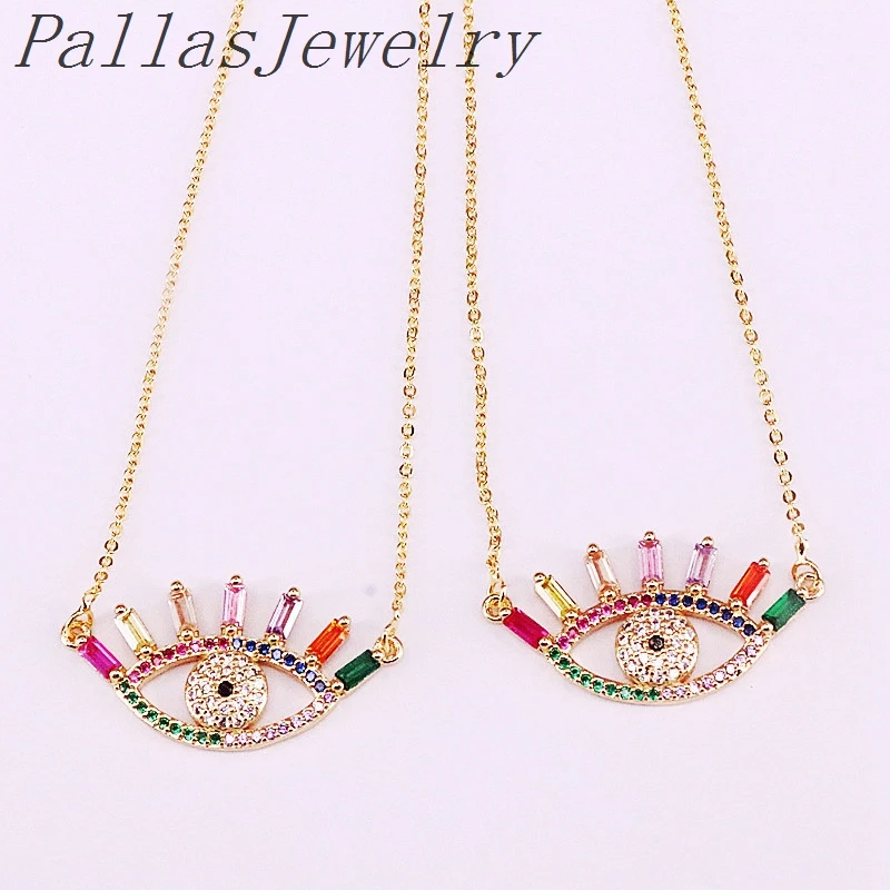 

10Pcs Rainbow Zirconia CZ Micro Paved Eye Gold Color Pendant Necklace Fashion Jewelry for Lady as Gifts