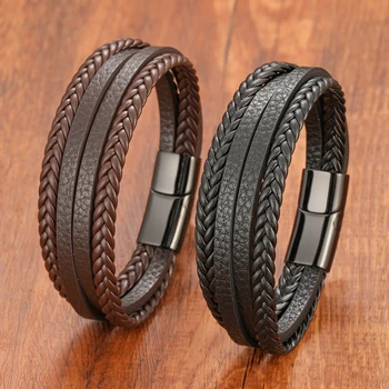 Punk Style Woven Multi Layer Design Genuine Leather Bracelet for Men Women Stainless Steel Magnetic Clasp Birthday Gift Jewelry
