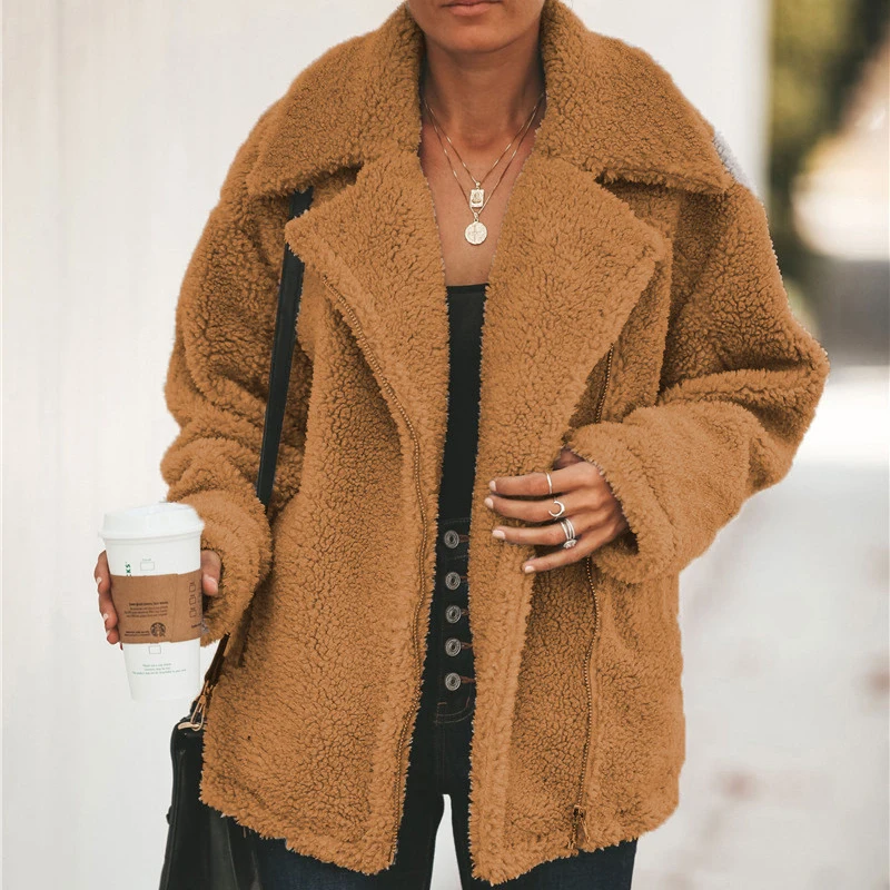 Зимнее плюшевое пальто для женщин, толстое теплое пальто с отворотом и длинным рукавом на молнии, пушистые куртки из искусственного меха, женская мода, пальто размера плюс - Цвет: CAMEL