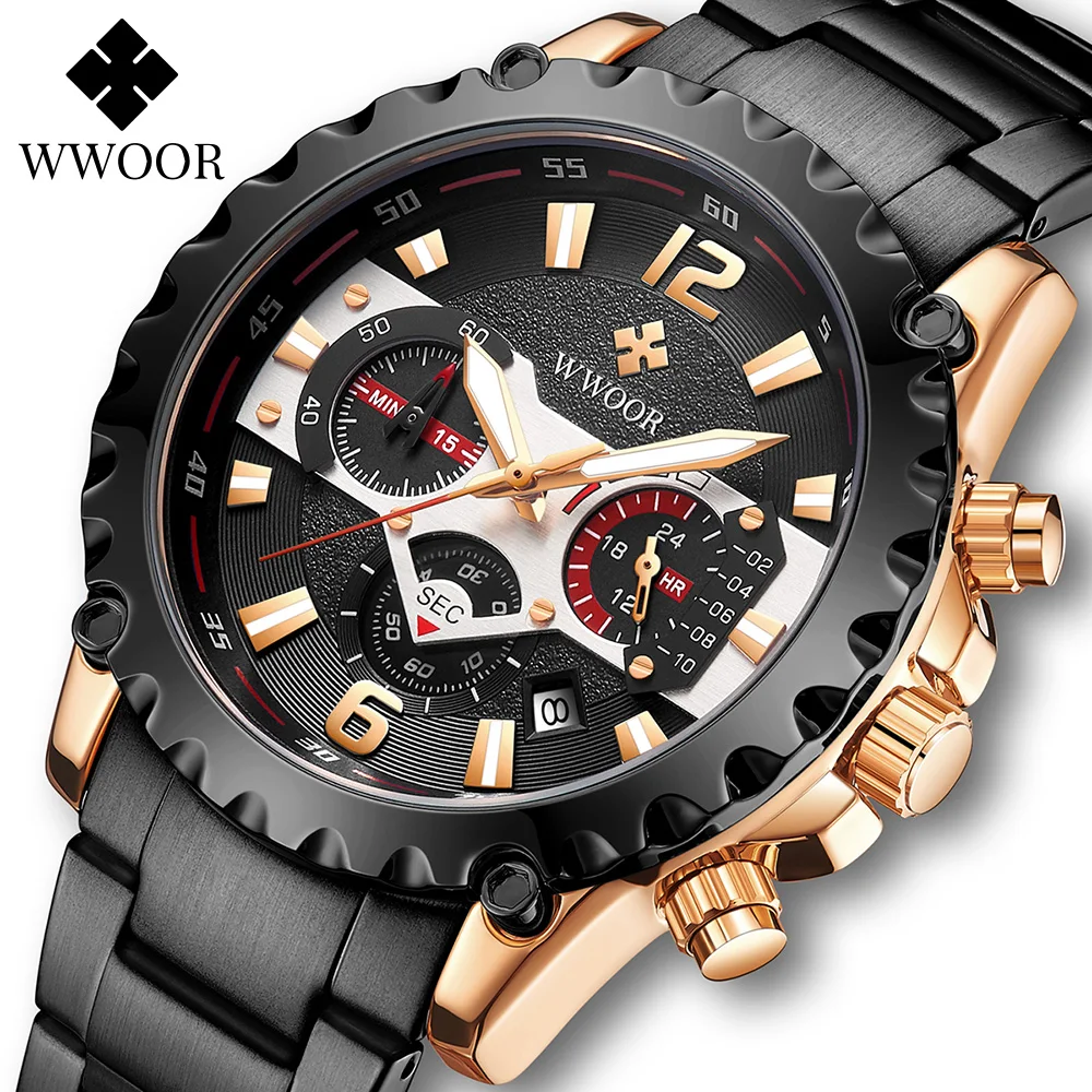 

Sports Quartz Watches For Men 2020 WWOOR Fashion Black Watch Top Brand Luxury Stainless Steel Waterproof Chronograph Wrist Watch