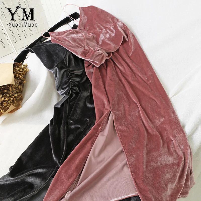 

YuooMuoo Europe Fashion Velvet Basic Spaghetti Strap Dress 2019 Early Fall Elegant Side Split V Neck Women Midi Dress Vestidos
