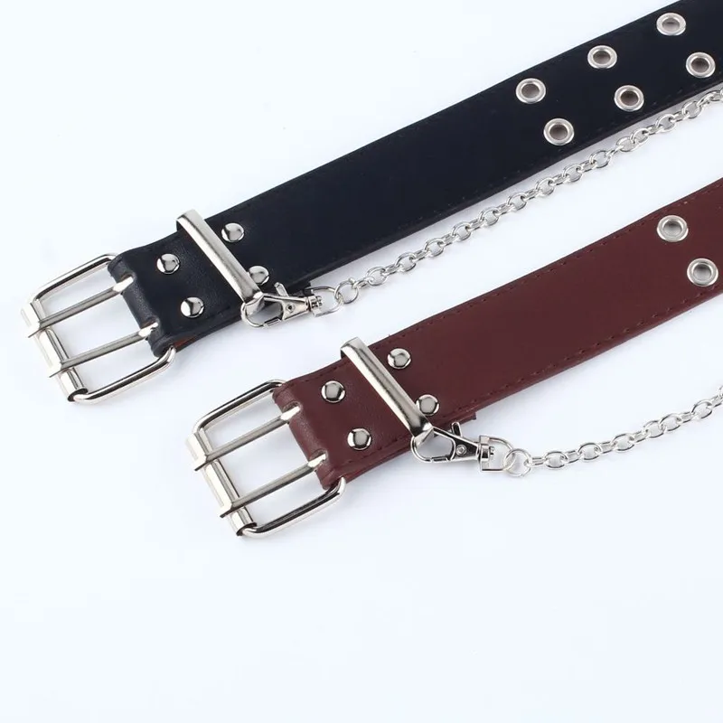 Fashion Women Fashion Rock Punk Chain Fashion Belt Adjustable Black Double/Single Eyelet Grommet Leather Buckle Belt