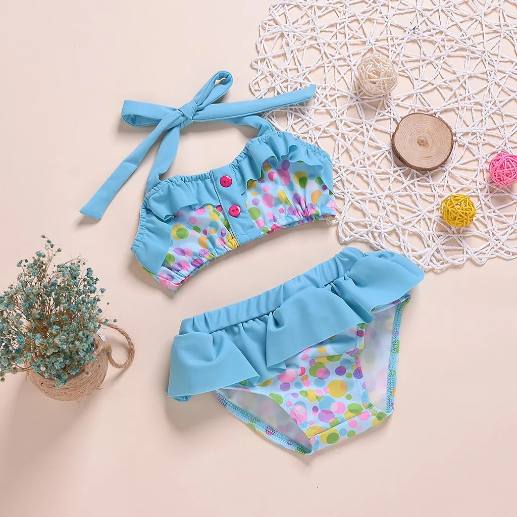 Купальные костюмы для девочек; коллекция года; летний купальник-бикини в горошек с оборками на подтяжках для маленьких девочек; купальный костюм для девочек; Прямая поставка
