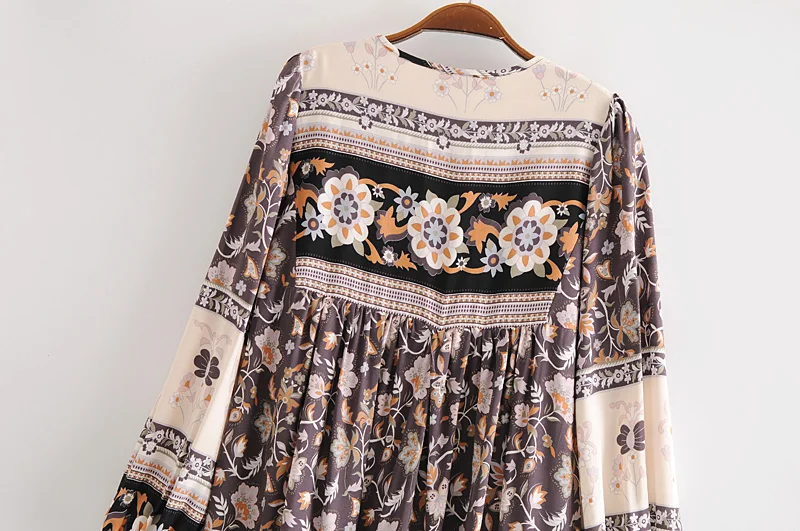 Vintage chic women long sleeve neck tie Ethnic grey floral print beach Bohemian maxi dress Ladies rayon Boho dress vestidos