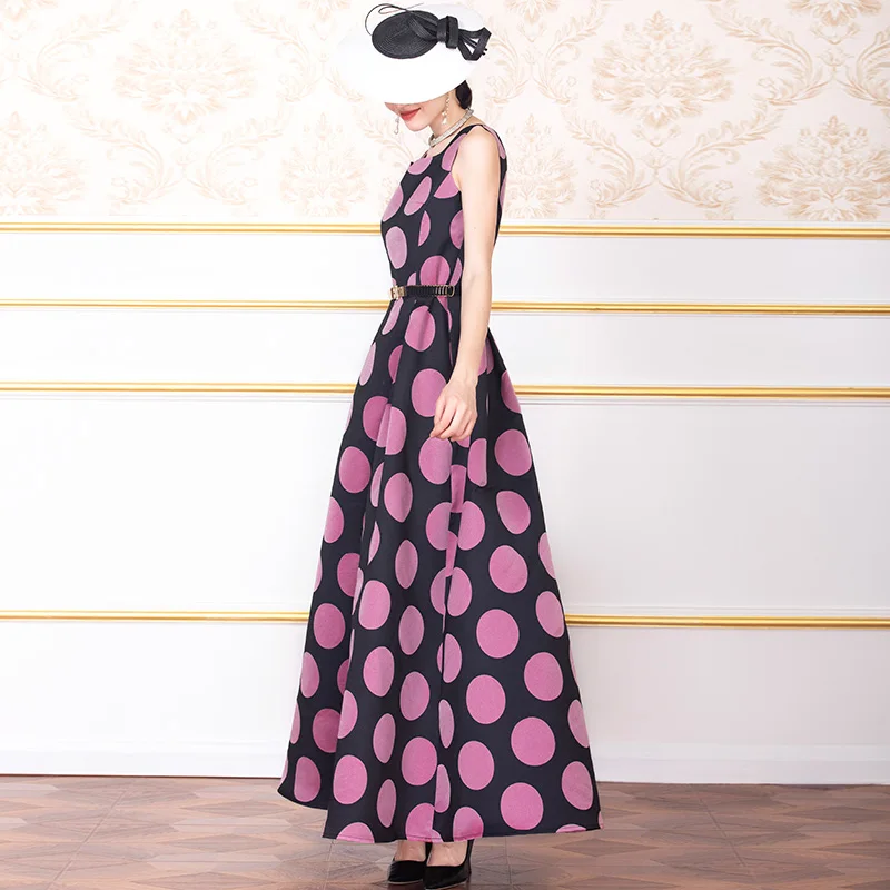 Autumn Maxi Long Dress Women Sleeveless A-line Dot Print Vintage Party Dresses Plus size M- XXXL