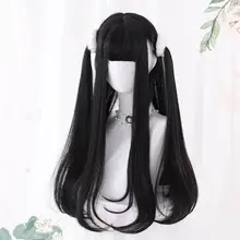 Косплэй микс Косплей Аниме Лолита вечерние парик 78/62 см, прямые накладные волосы черного цвета с Синтетические Милые термостойкие+ Кепки