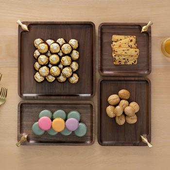 

Wooden Plate Set Cake Dessert Fruit Dishes Tableware Set Snacks Dinner Plate Home Brass Bird Decoration Tray Wood Candy Plates