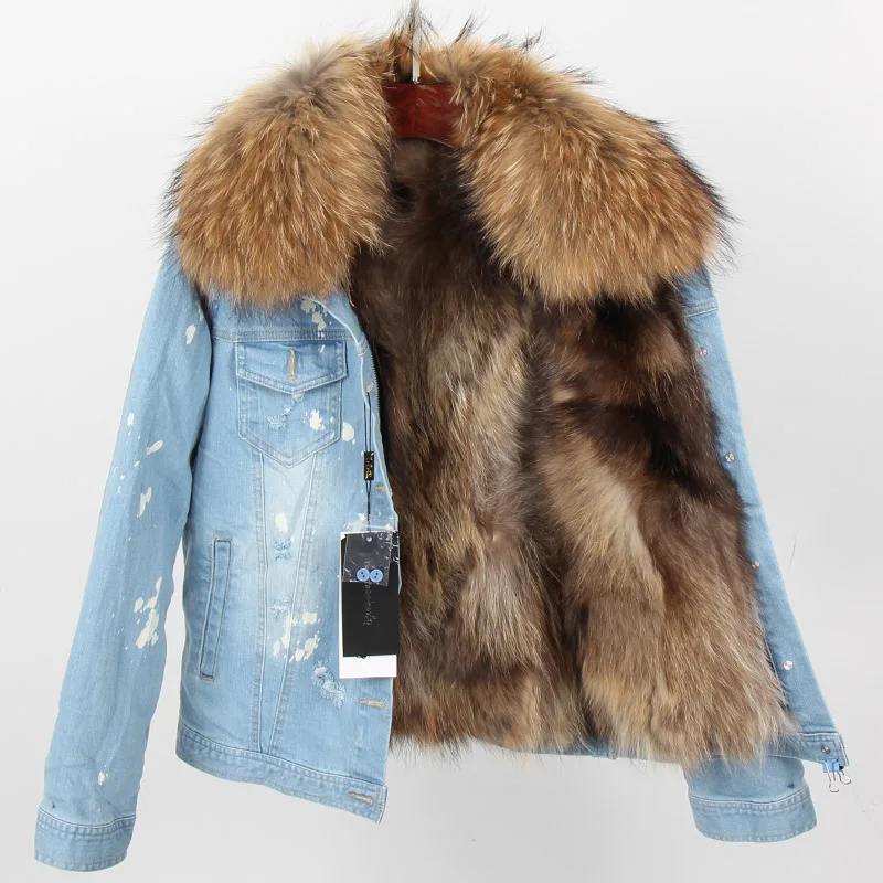 

Denim Jacket Natural Raccoon Fur Detachable Lining Real Raccoon Fur Collar Woman's Hole Cowboy Short Coat Maomaokong 2021 New