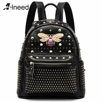 

ALNEED Backpack for Women 2019 Fashion Rivet Back Pack Genuine Split Leather Backpacks Bee Bags Girls Casual Bookbag Luxury