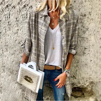 

women chic plaid coat breasted long sleeve office wear coat female casual retro Loose outerwear tops Women's windbreaker 9.18