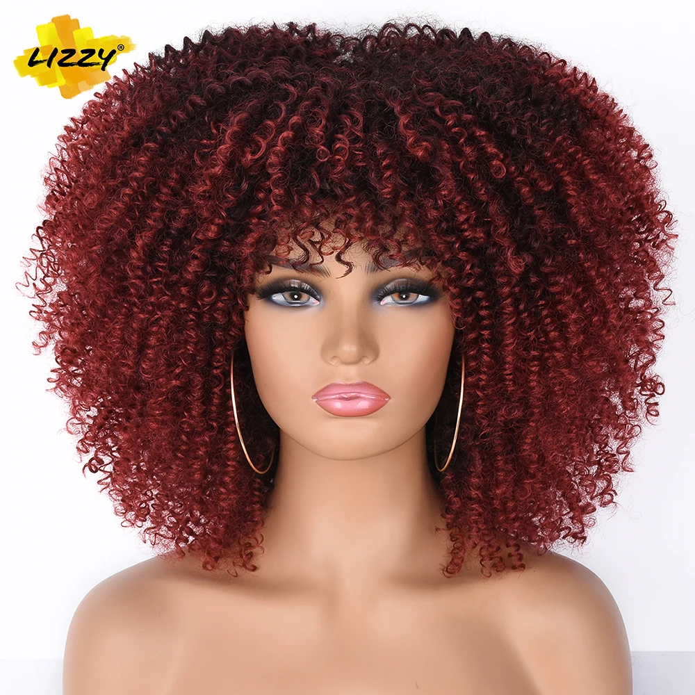 Afro corto rizado pelucas con flequillo para las mujeres negras rubia marrón Cosplay sintético Africana pelucas resistente al calor Lizzy