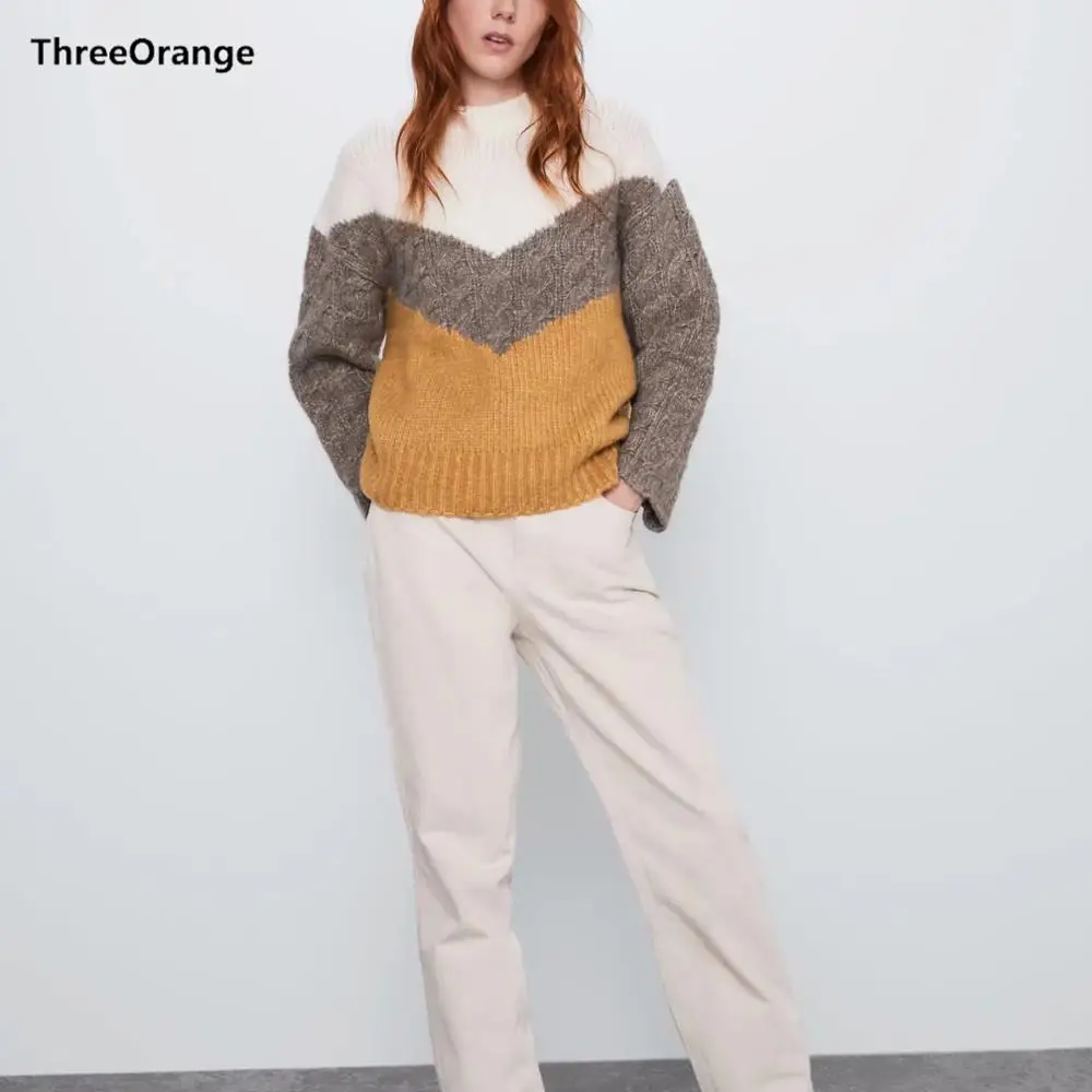 

ZA new Winter autumn knitted sweater women pullover Geometric colorblock contrast pattern Casual loose sweater female