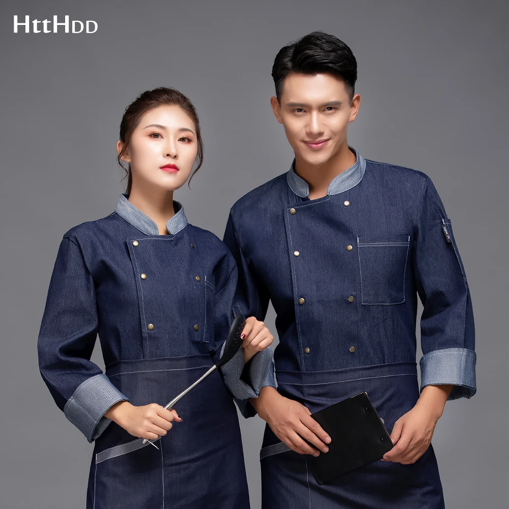 

customizable High quality chef Thick denim cooking uniform restaurant breathable chef uniform baking chef long sleeve uniform