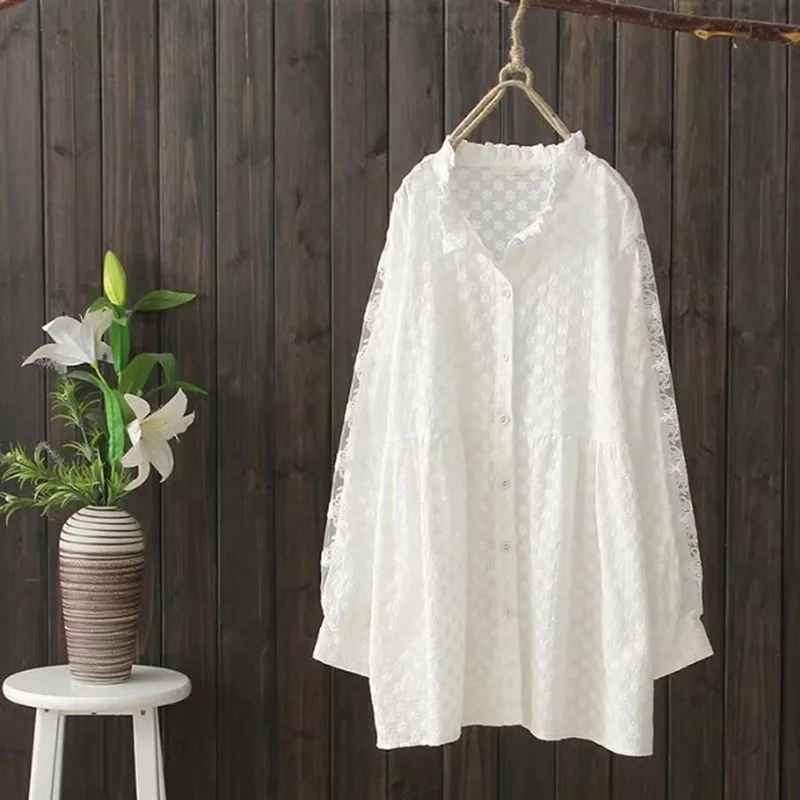 

Chinese Style White Shirt Spring and Autumn New Art Stand Collar Cotton Loose Lace Sleeve Button Down Shirt for Women Blouses