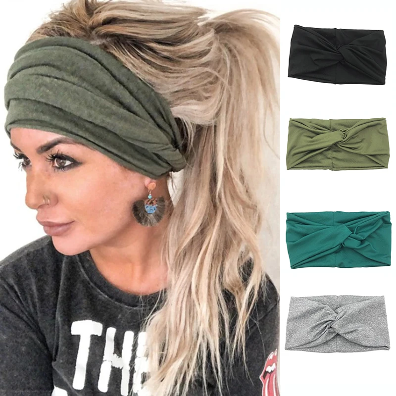 Women Headband Solid Color Wide Turban Twist Knitted Cotton Hairband Spiral Girls Makeup Elastic Hair Bands Accessories