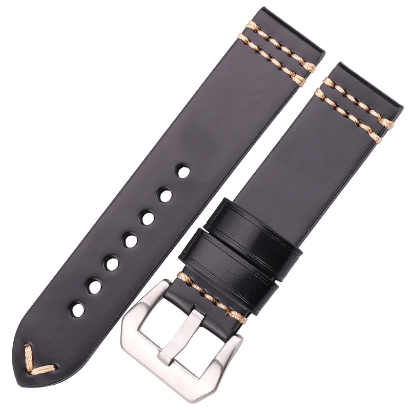Black Silver Buckle Ремешки для наручных часов из натуральной кожи ремешок 20 мм 22 мм 24 мм черный коричневый синий желтый женский мужской браслет из воловьей кожи Аксессуары для часов - Цвет ремешка: Black Silver Buckle