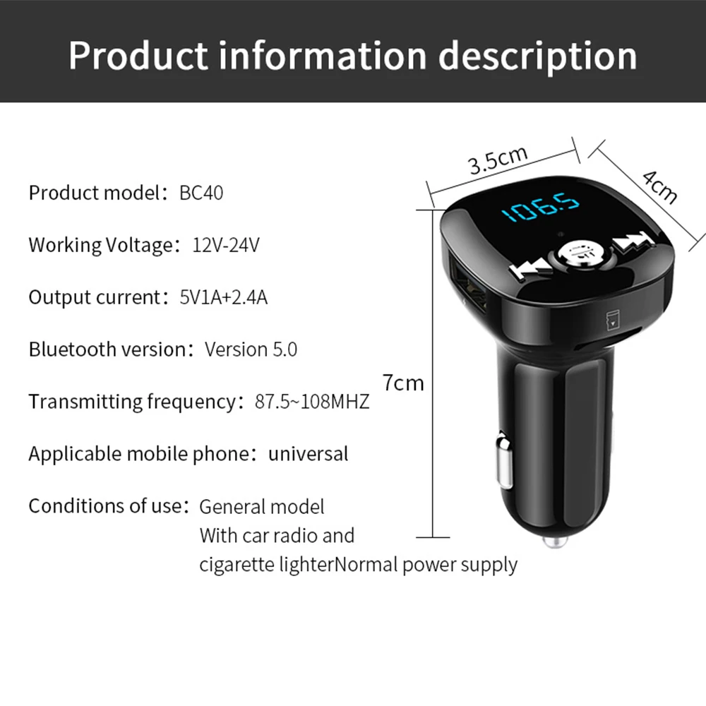 Автомобильные Проигрыватели, fm-передатчик, аудио BC40, автомобильный Bluetooth громкая связь, автомобильный комплект 3.4A, автомобильный аудио mp3-плеер, поддержка TF карты, музыкальный плеер