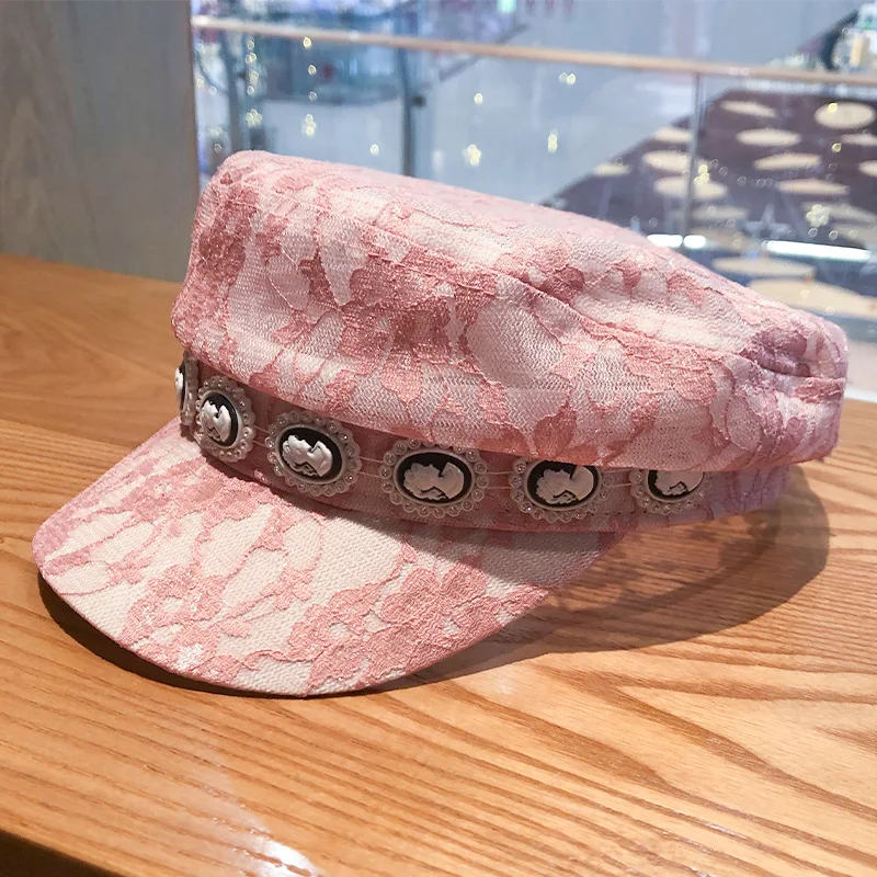 

2020 New Stylish Beret Cap for Women Casual Chic Girls Autumn Winter Retro Beanie Caps French Artist Warmer Hats Lace Pink