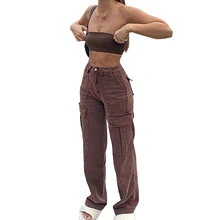 Autumn Winter Womenu2019s Korean High-waist Wide Leg Jeans Fashion Brown Pocket Patchwork Denim Pants