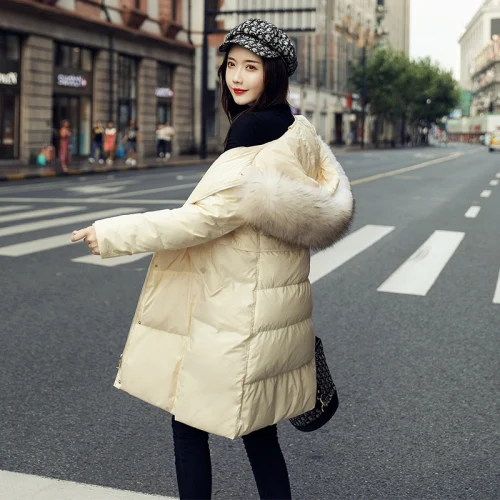 KMETRAM, зимняя куртка, женский пуховик с воротником из натурального меха енота, женское длинное пальто в Корейском стиле, женская теплая парка Manteau Femme 1907 - Цвет: beige
