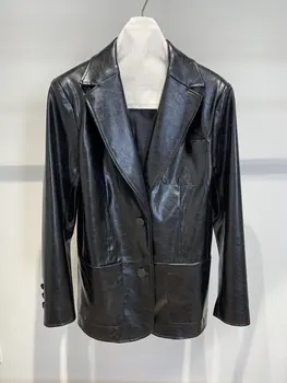 

2020 new ladies high quality fashion long sleeve lapel solid color leather jacket 1022