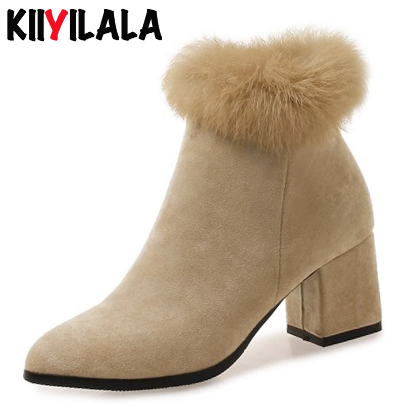 

Kiiyilala Real Rabbit Fur Flock Boots Women Pointed Toe Ankle Boots Square Heel Side Zipper Winter Short Plush Warm Womens Boots