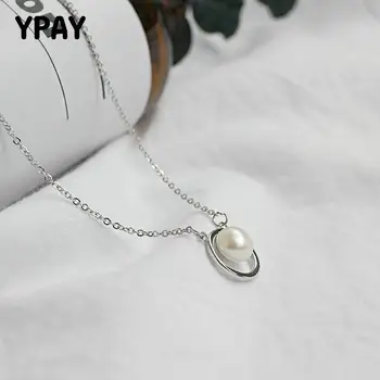

YPAY Freshwater Pearl Necklace Collar Real 925 Sterling Silver Women Round Circle Necklace Pendant Choker Chain Jewelry YMN037