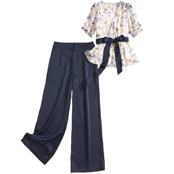 

Satin Pant Two Piece Set V Neck Lace Up Shirt Blouse Tops Straight Pants Overalls Women Fashion OL Sets Outfits