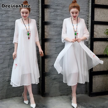 

2020 chinese dress qipao suit loose embroidery chinese cotton linen cheongsam stylish Casual cardigan qipao dress mujere vestido