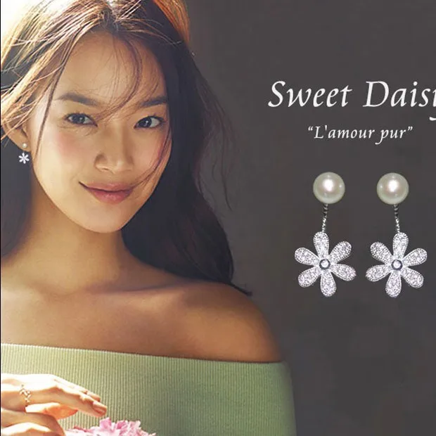 

Free Shipping Fashion 925 Sterling Silver Daisy Flower Earrings Stud Earrings Pearl Earrings Jewelry