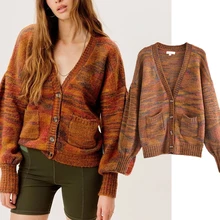 

Maxdutti Sweaters Women Indie Folk Vintage Puff Sleeve Colorful Knitted Cardigan Women Fashion Loose Single Breasted Pockets Top