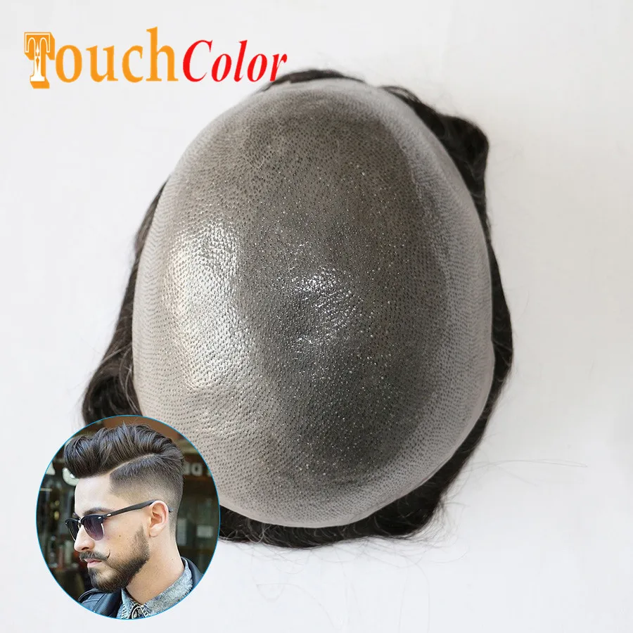 Peluca de cabello Natural para hombres, tupé de 0,6-0,8mm, sistema de cabello con Base de Pu, tupé de piel, cabello indio prótesis de, envío rápido