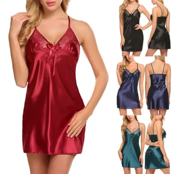 

Hot Sexy Women Silk Lace Nightdress V Neck Strapless Babydoll Nightgown Dress Intimate Short Mini Slips Bowknot Sleepwear