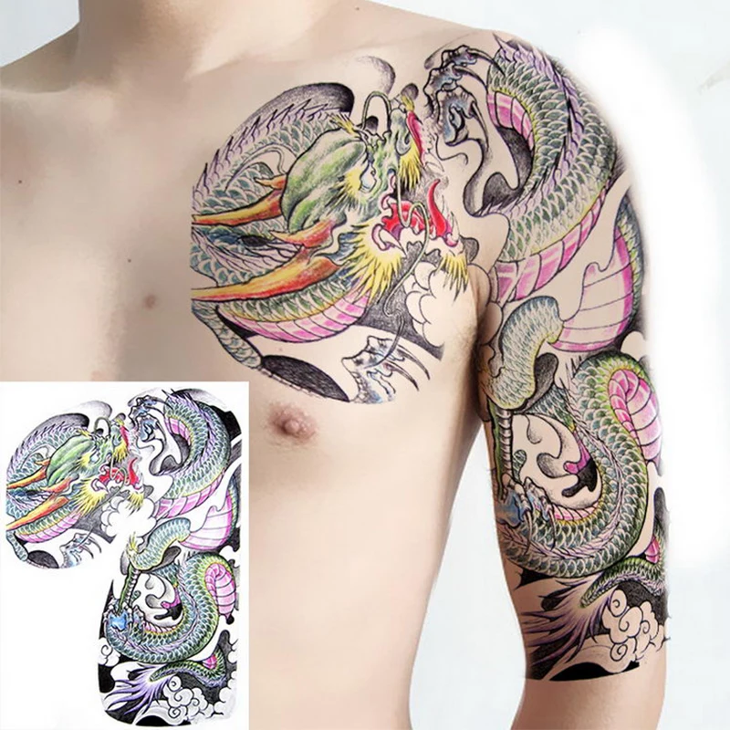 Half Arm Shoulder Waterproof Temporary Tattoo Sticker Cool Dragon Buddha Lotus Body Art Fake Women Sleeve Men Personality Tatoo
