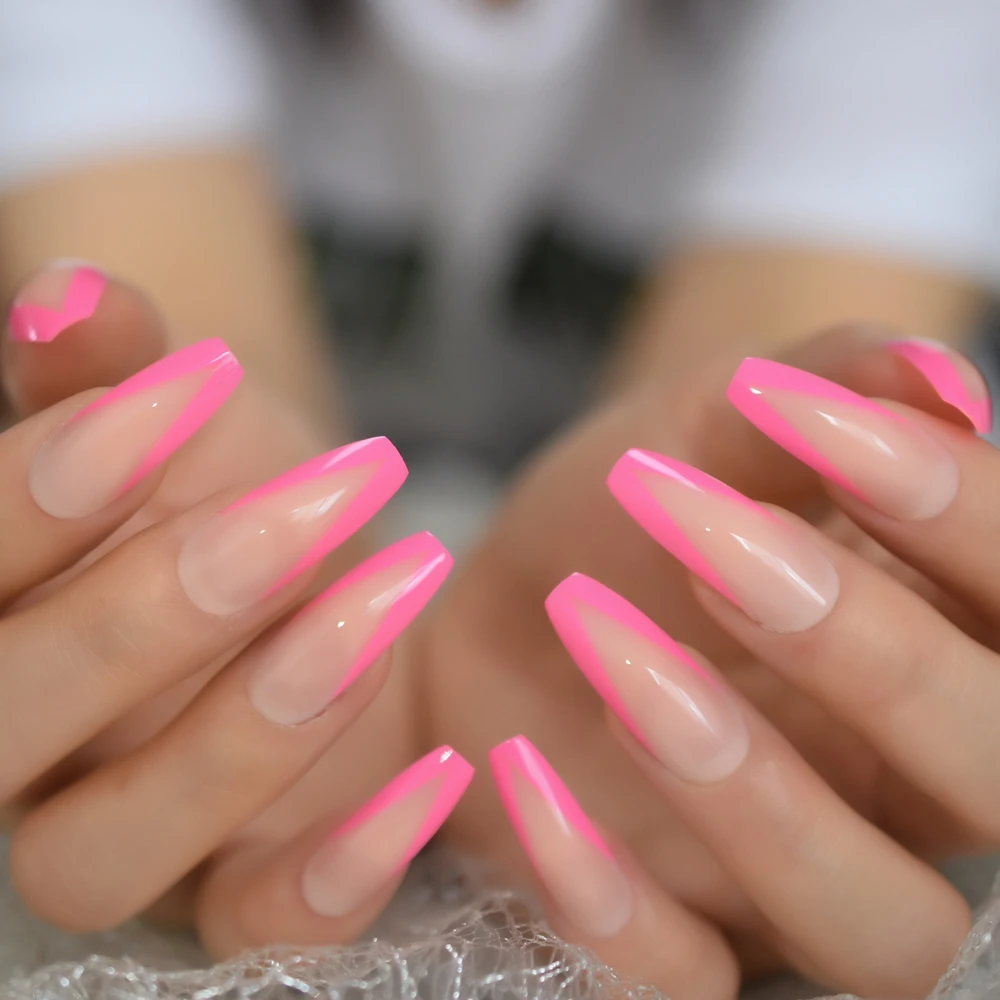 Long Acrylic French Nail Tips Pink Designes V Pattern Coffin False Nails Cuved Nails Salon Professional Products False Nails Aliexpress
