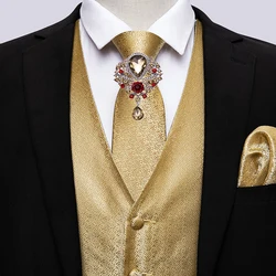 Barry.Wang Gold Solid Waistcoat for Men Slim Suit Vest Silk Vest Necktie Set Handkerchief Cufflinks Formal Vest for Business