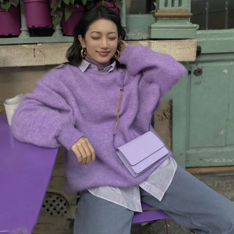 

[EWQ] 2020 Spring new minimalist full sleeve Thick warm Pullovers knitted korea style Plus Size Women Mohair sweater tops QZ252