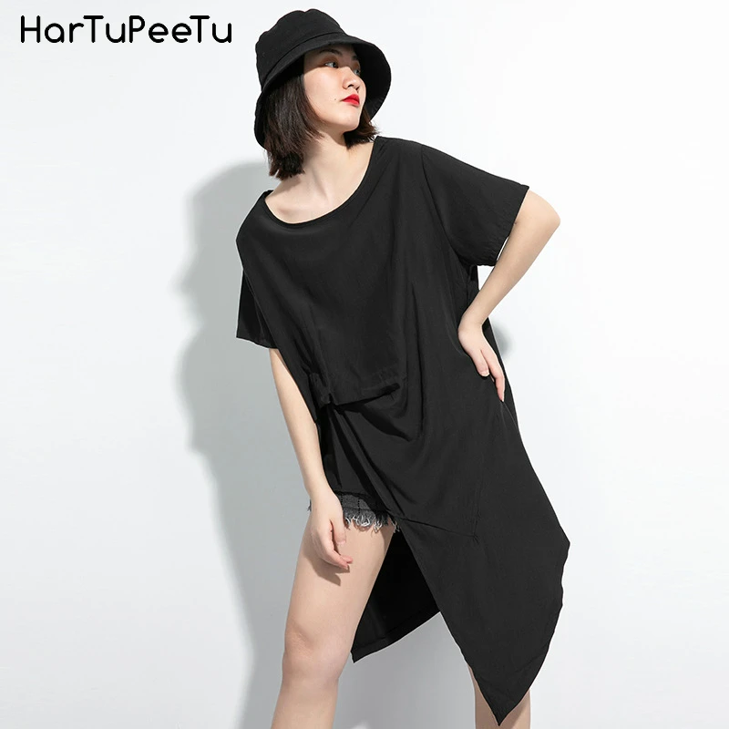 Oversized Long T Shirt Women 2020 Summer White Black Gray Tops Pleated Design Irregular Loose Casual Tshirt Dress Plus Size | Женская