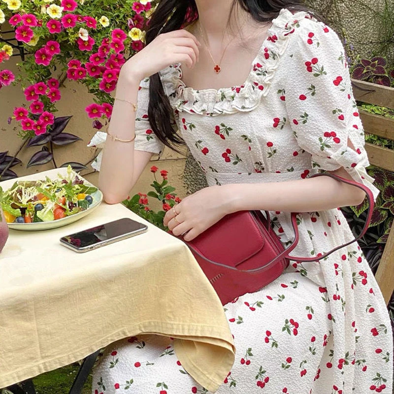 Vintage Elegant Dresses Women Square Collar Floral One Piece Dress Korean Bow Design Casual Party Midi Dress Females 21 Summer Dresses Aliexpress