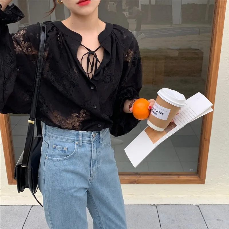 2021 Spring Women Shirts Fashion Carved Lantern Long Sleeve Autumn Black Lace Shirt Tops Loose Blouse Cardigan Clothes 10202 6
