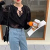 2021 Spring Women Shirts Fashion Carved Lantern Long Sleeve Autumn Black Lace Shirt Tops Loose Blouse Cardigan Clothes 10202 6