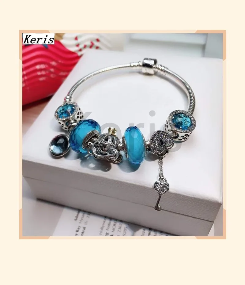 

High Quality Original 1:1 100% Silver Heart Key Pendant Light Blue Liuli9 Crown Car Stud Bracelet Free Delivery