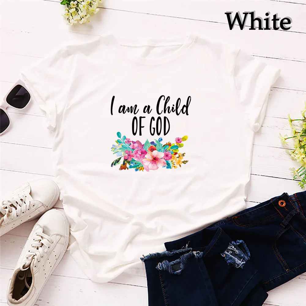 Белый QIM Для женщин FashionI принт «Child of God "футболка для христианина Рубашка с короткими рукавами религиозные рубашки Faith рубашки текстами и сюжетами из Библии и изображением Иисуса Христа Тройник - Цвет: Белый